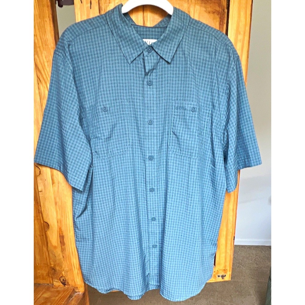 Orvis Classic Mens XL Blue/Green Gray Plaid SS Polyester Shirt Pockets